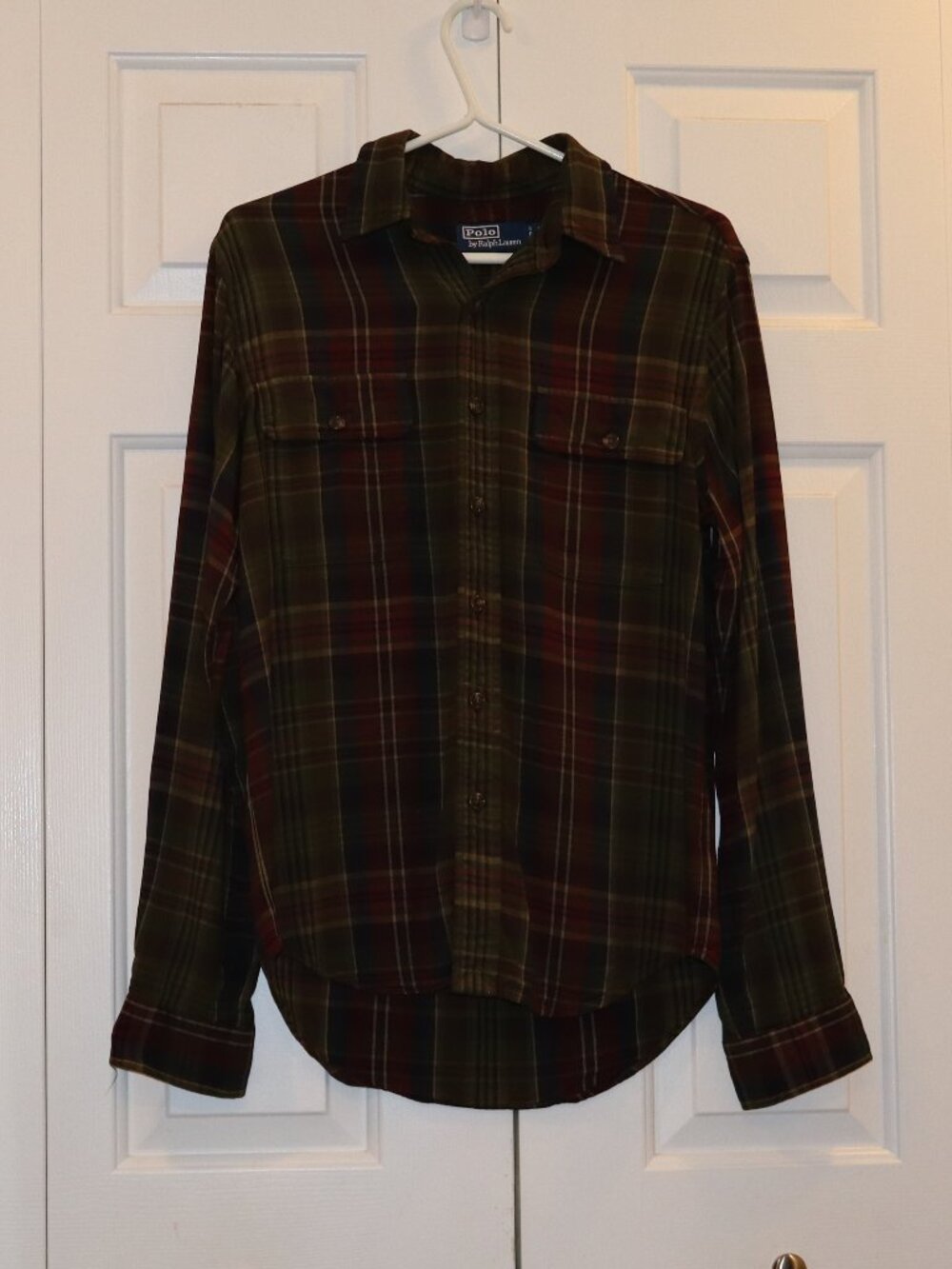 Polo Ralph Lauren Plaid Viscose Button Down Shirt Green Burgundy Long Sleeve